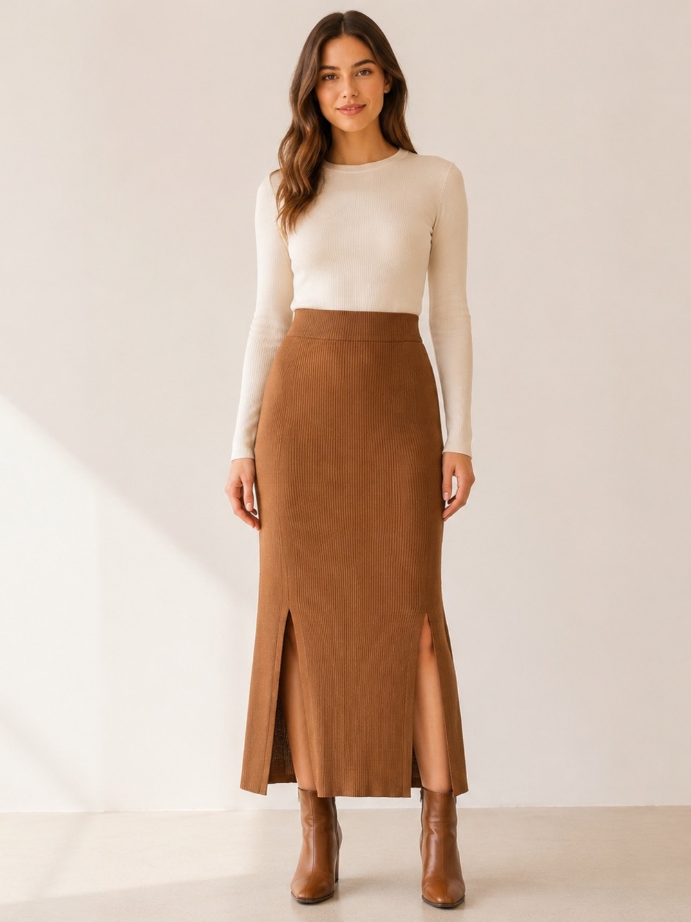 Dreamers Brown Ribbed Knit Double Slit Maxi Skirt M/L